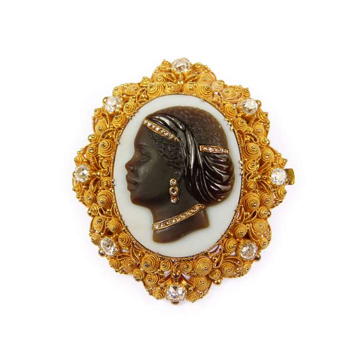 19th century agate cameo, diamond and gold cannetille brooch
